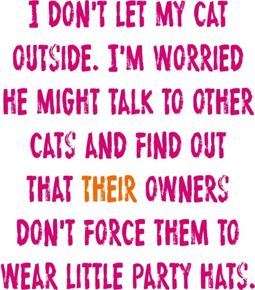 I don’t let my cat outside. I’m worried he might talk to other cats and find out Their owners don’t force them to wear little party hats.