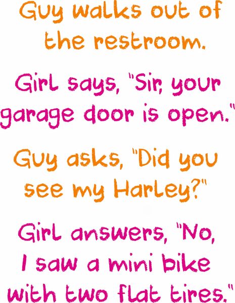 Guy walks out of the restroom. Girl says, "Sir, you garage door is open." Guy asks, "Did you see me Harley?" Girls responds, "No, I saw a mini bike with two flat tires.