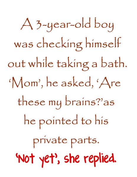 A 3-year old boy was checking himself out while taking a bath. 'Mom", he asked, 'Are these my brains?' pointing to his private parts. 'Not yet', she replied.