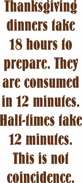 Thankgiving dinner take 18 Hours to prepare. They are consumed in 12 minutes. Half-times take 12 Minutes This is not a coincidence.