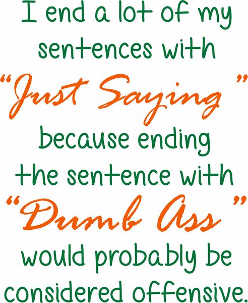 I end my sentences with "Just Saying" because ending the sentence with "Dumb Ass" would probably be considered offensive.