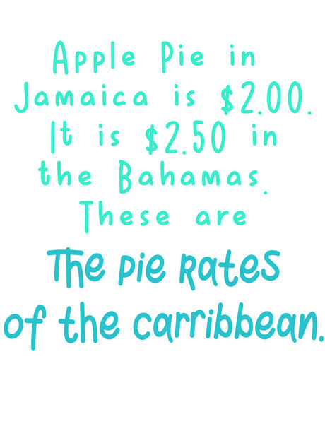 Apple Pie is $2.00 in Jamaica. It is $2.50 in the Bahamas. These are the Pie Rates of the Carribbean.