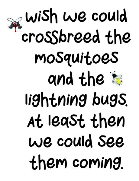 Wish we could crossbreed the mosquitos and the lightening bugs. At least then we could see them coming.