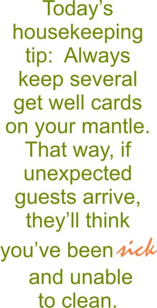 Today’s housekeeping tip: Always keep several get well cards on youtr mantle. That way, if unexpected guests arrive, they’ll think you’ve been SICK and unable to clean.