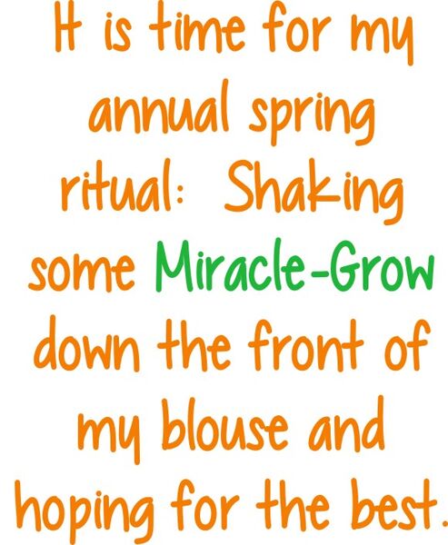 It is time for my annual spring ritual: Shaking Miracle-Grow down the front of my blouse and hoping for the best.