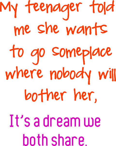 My teenager told me she wants to go someplace where nobody will bother her. It’s a dream we both share.