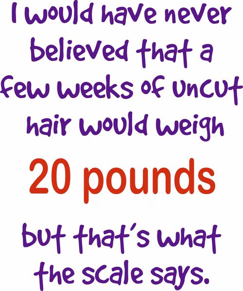 I would have never believed that a few weeks of uncut hair would weigh 20 pounds but that's what the scale says.