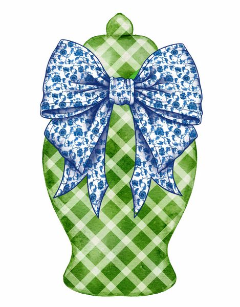 Green Gingham Ginger Jar with Blue Bow