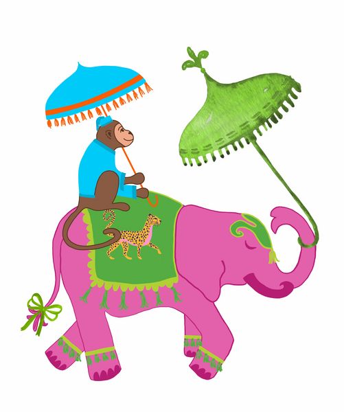 Pink Elephant with Monkey and Unbrella