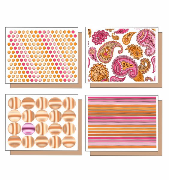 Boxed Note Cards-Orange and Hot Pink Assorted Patterns 8 Not