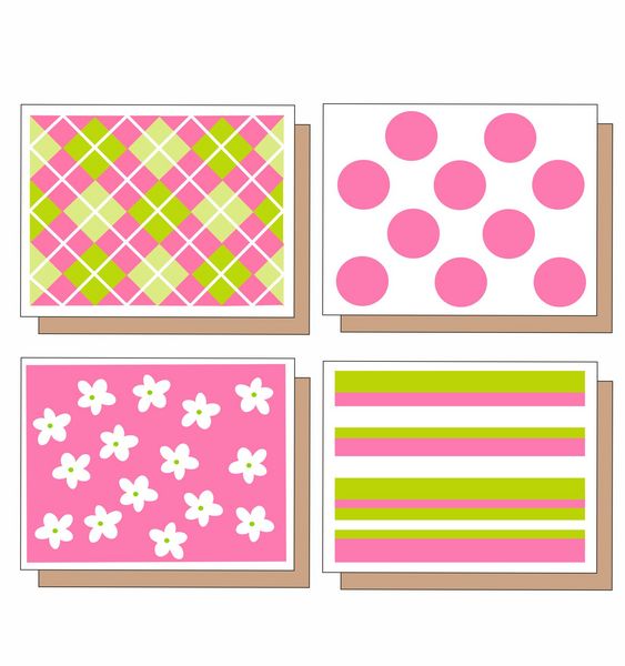 Boxed Note Cards-Pink and Green Assorted Patterns 8 Note Cr