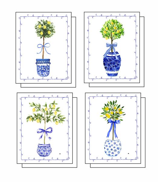 Chinoiserie Lemon Topiary 8 Note Crads 2 each of 4 Designs