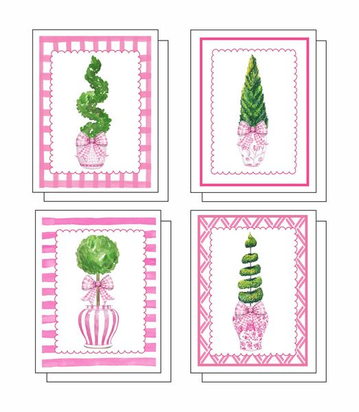 Pink Topiaries 8 Note Crads 2 each of 4 Designs 8 Self Sea