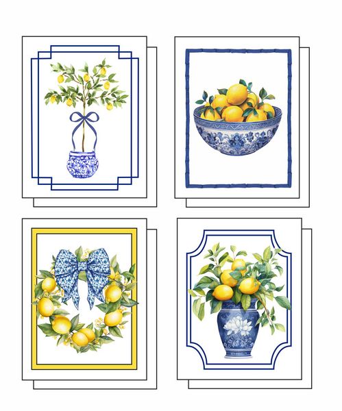 Chinoiserie Lemon Collection 8 Note Crads 2 each of 4 Desi