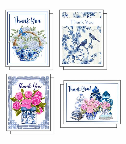 Chinoiserie Floral Thank You 8 Note Crads 2 each of 4 Desig