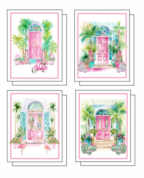 Pink Front Doors 8 Note Crads 2 each of 4 Designs 8 Self Sealing Kraft Envelopes Blank Inside