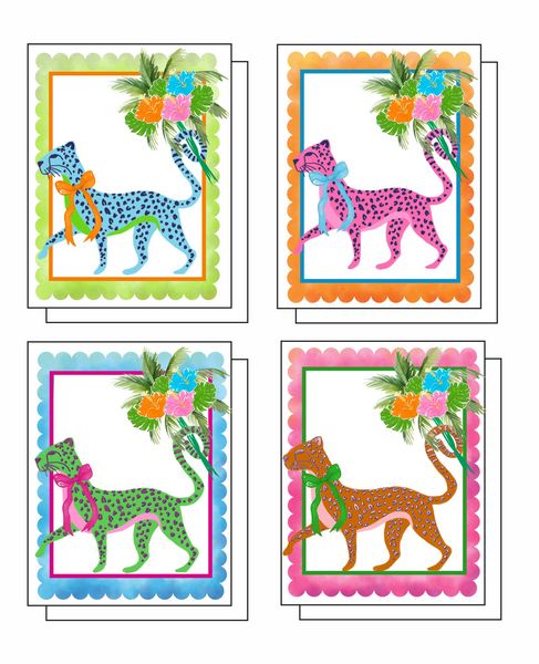 Floral Cheetah 8 Note Crads 2 each of 4 Designs 8 Self Sealing Kraft Envelopes Blank Inside