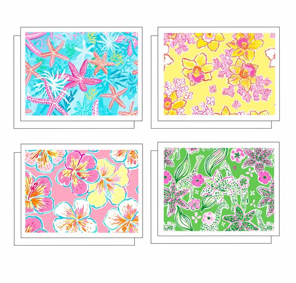 Tropical Floral Patterns 8 Note Crads 2 each of 4 Designs 8 Self Sealing Kraft Envelopes Blank Inside