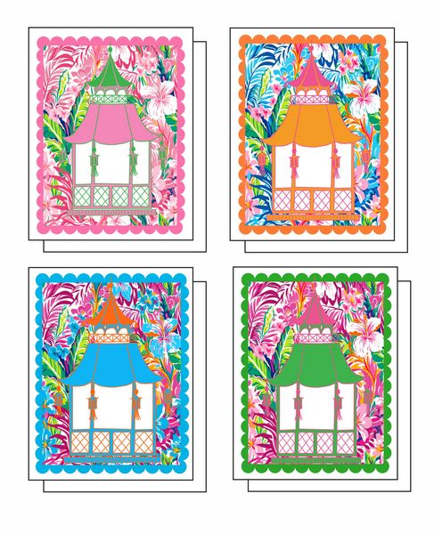 Scalloped Pagodas 8 Note Crads 2 each of 4 Designs 8 Self Sealing Kraft Envelopes Blank Inside