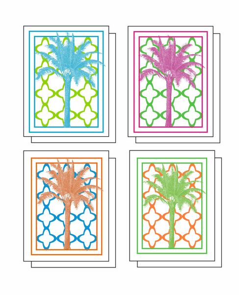 Palm Trees 8 Note Crads 2 each of 4 Designs 8 Self Sealing Kraft Envelopes Blank Inside