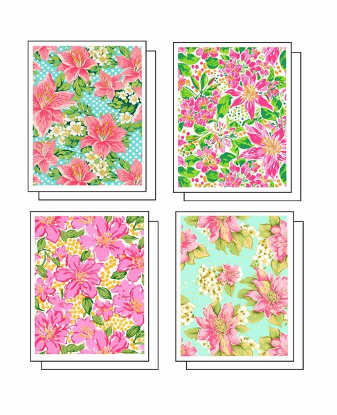 Floral and Dot Assorted Pattern 8 Note Crads 2 each of 4 Designs 8 Self Sealing Kraft Envelopes Blank Inside