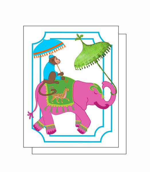 Pink Elephant with Monkey 8 Note Crads 8 Self Sealing White Envelopes Blank Inside