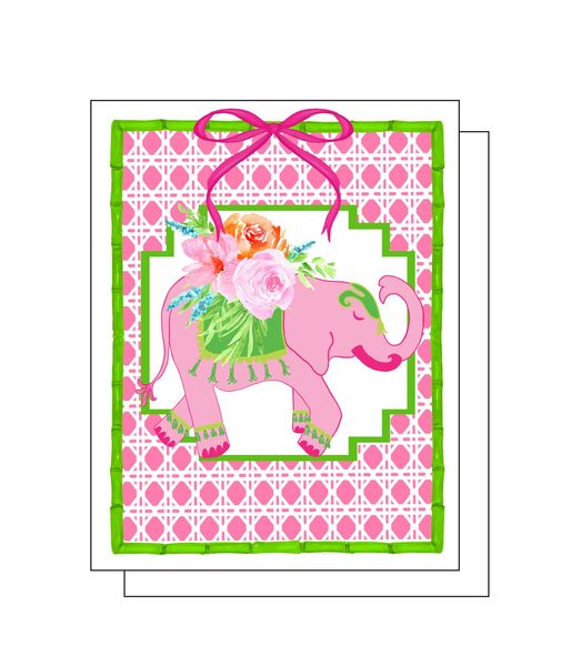 Floral Elephant with Bow 8 Note Crads 8 Self Sealing White Envelopes Blank Inside