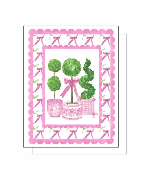 Triple Pink Topiaries 8 Note Crads 8 Self Sealing White Envelopes Blank Inside