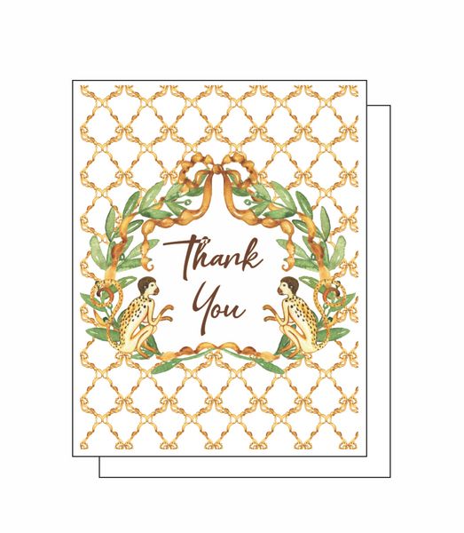 Gold Monkey Thank You Card 8 Note Crads 8 Self Sealing White Envelopes Blank Inside