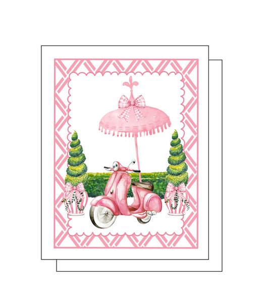 Pink Vespa with Umbrella 8 Note Crads 8 Self Sealing White Envelopes Blank Inside