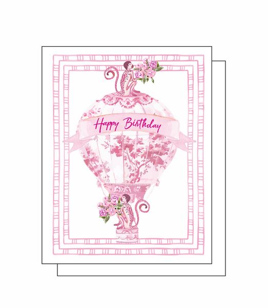 Happy Birthday Pink Chinoiserie Hot Air Ballon 8 Note Crads 8 Self Sealing White Envelopes Blank Inside