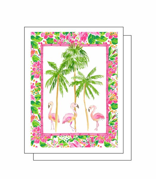 Palm Trees and Flamingos 8 Note Crads 8 Self Sealing White Envelopes Blank Inside