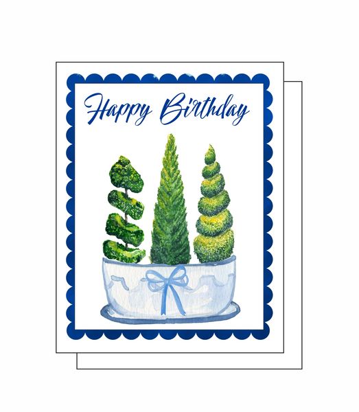 Happy Birthday Triple Topiary Bowl 8 Note Crads 8 Self Sealing White Envelopes Blank Inside