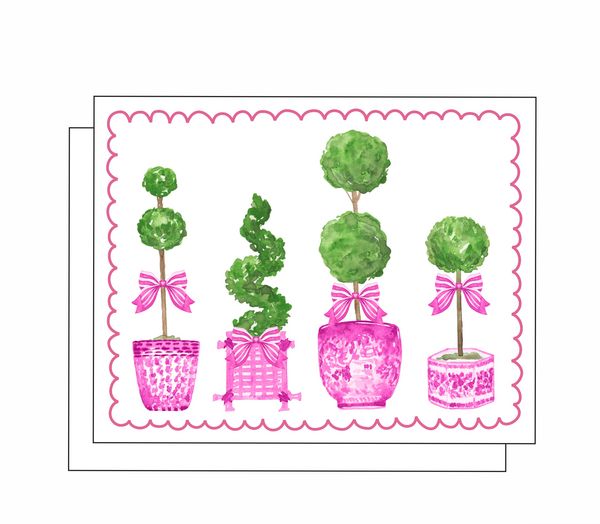 Pink Topiaries 8 Note Crads 8 Self Sealing White Envelopes Blank Inside