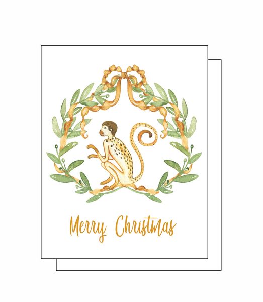 Gold Christmas Monkey 8 Note Crads 8 Self Sealing White Envelopes Blank Inside