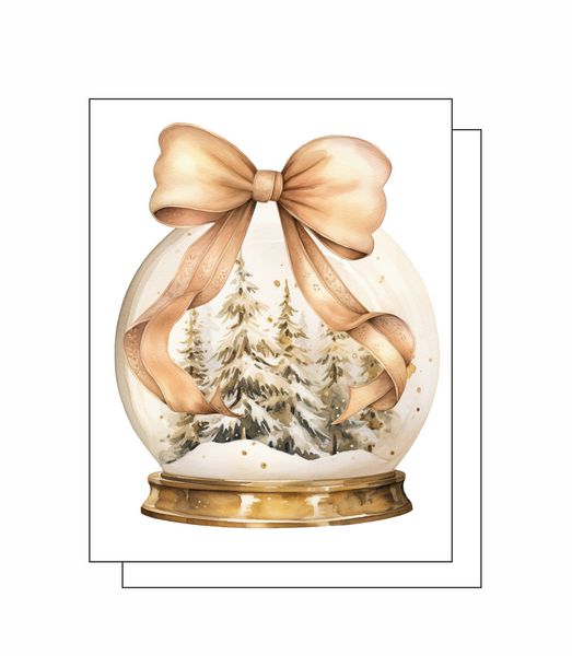 Tree Snowglobe with Bow 8 Note Crads 8 Self Sealing White Envelopes Blank Inside