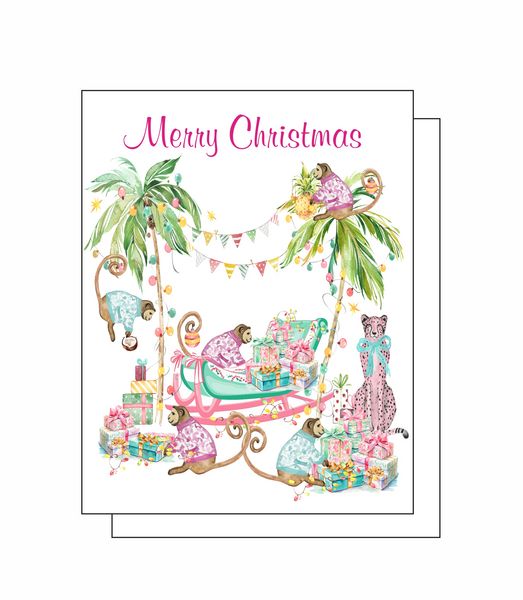 Palm Beach Merry Christmas Sleigh 8 Note Crads 8 Self Sealing White Envelopes Blank Inside