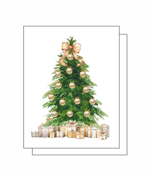 Gold Christmas Tree with Presents 8 Note Crads 8 Self Sealing White Envelopes Blank Inside